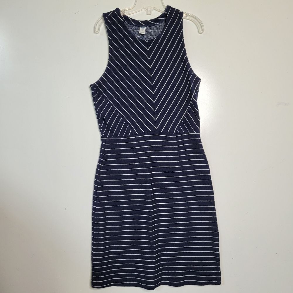 FIT & FLARE OLD NAVY BLUE WHITE SLEEVELESS STRETCH DRESS S SMALL - Picture 1 of 9